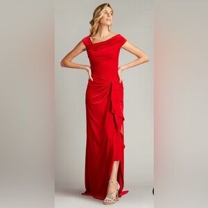 Tadashi Shoji Cidra Velvet Waterfall Cranberry Red Stretch Gown Large NWT